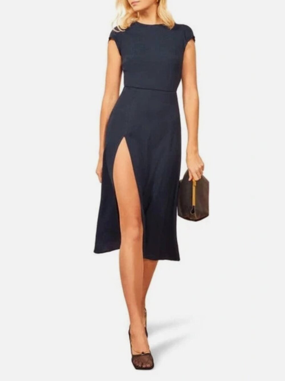 Reformation Gavin Midi Dress Navy Blue Cutout Slit Size 0